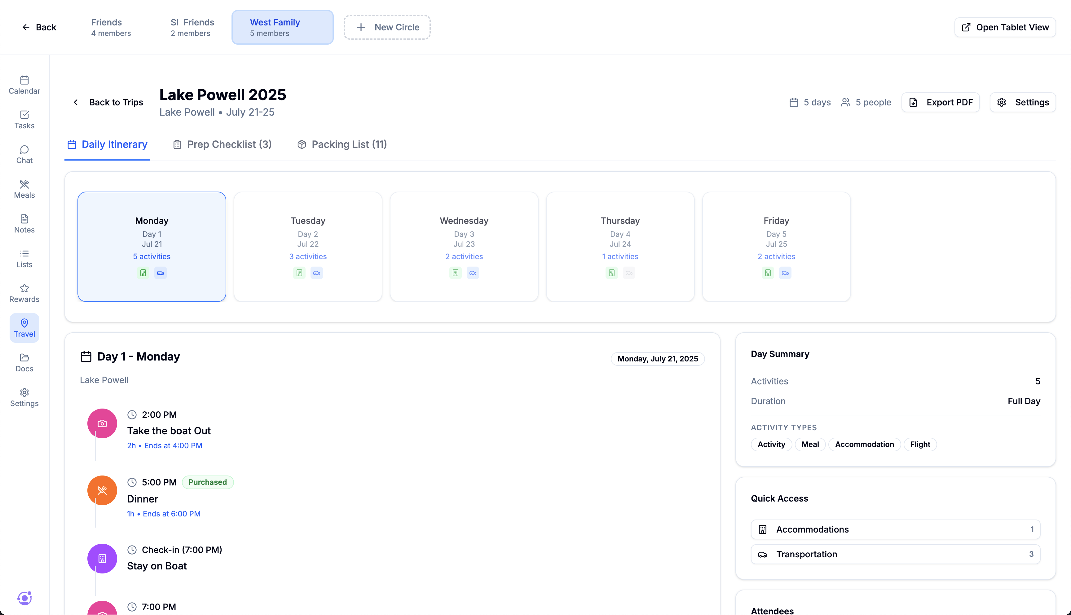Travel planning with daily itinerary